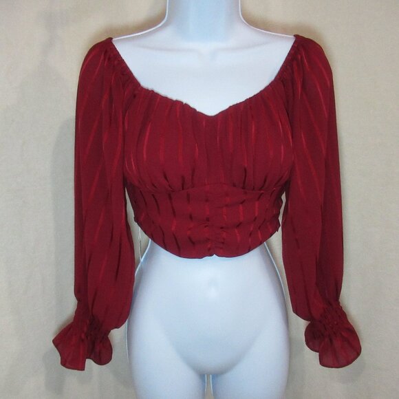 Cropped Burgundy Long-Sleeve Blouse | Size Small - Picture 2 of 11